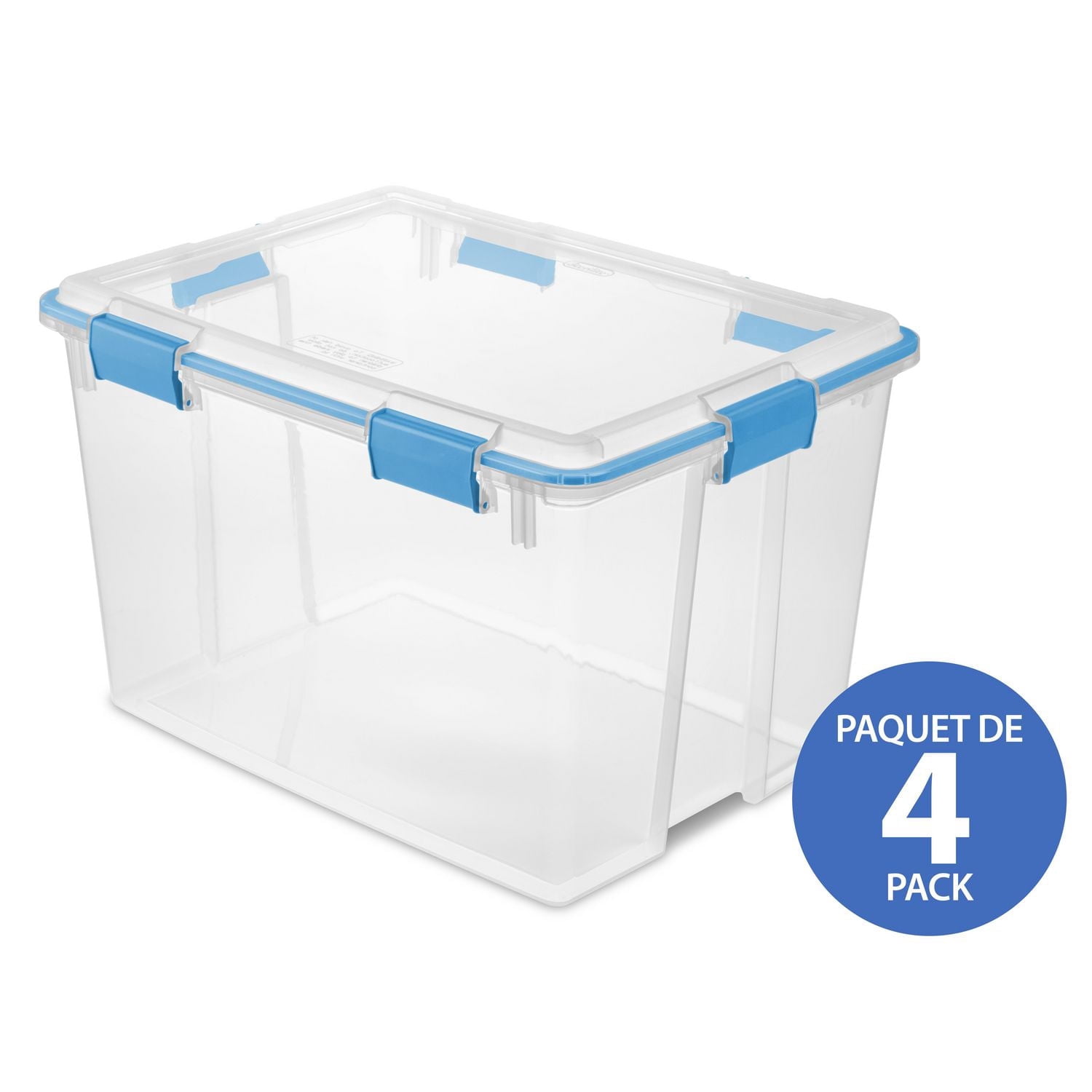 Sterilite 76 Liter Gasket Box, Weather-Resistant Large Clear Storage Bin with Latch Lid, Blue - 4PK