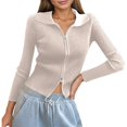 thumbnail image 1 of Women's Double Zip Ribbed Knit Cardigan - Tight-Fitting Crop Top with Collar - Modern Design - Soft Textured Fabric - One Size Fits Most, 1 of 3