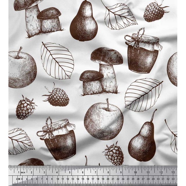 Soimoi Rayon Fabric Mushroom, Pear Fruits Print Fabric by Yard 42 Inch Wide