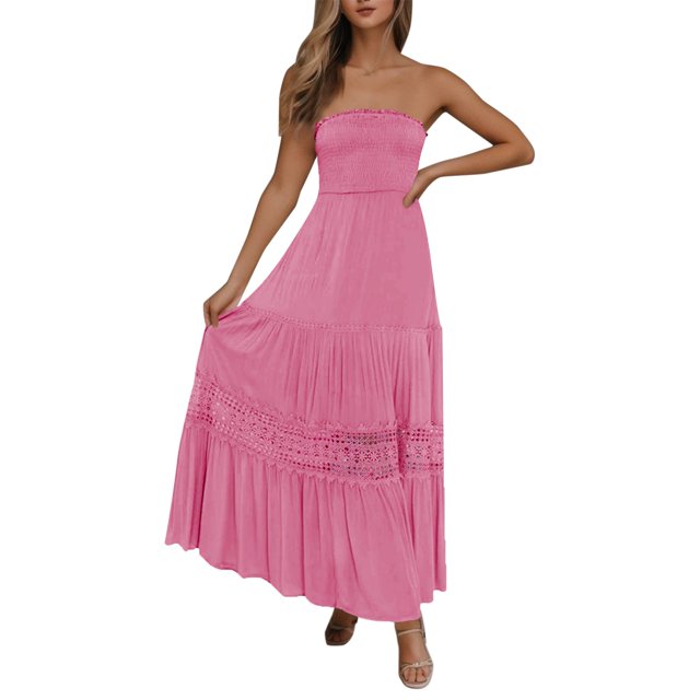 Cathalem 2024 Robe d'Été Bohème Décontractée pour Femme Sans Manches à Nœud, Robe Midi Smockée à Étages Fluide, Rose Vif m