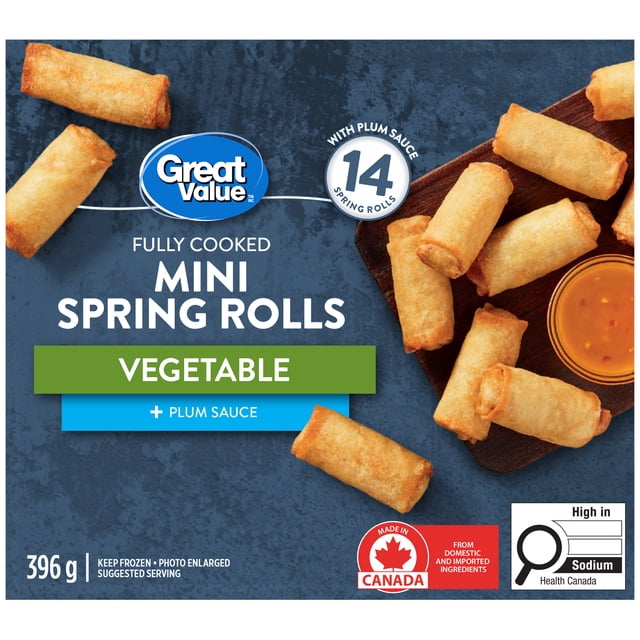 Great Value Fully Cooked Mini Vegetable Spring Rolls with Plum Sauce package showing 14 golden brown crispy spring rolls on a dark blue background with a small bowl of plum dipping sauce, 396 g net weight, made in Canada from domestic and imported ingredients, labeled high in sodium by Health Canada, ideal for quick frozen appetizers or snacks.