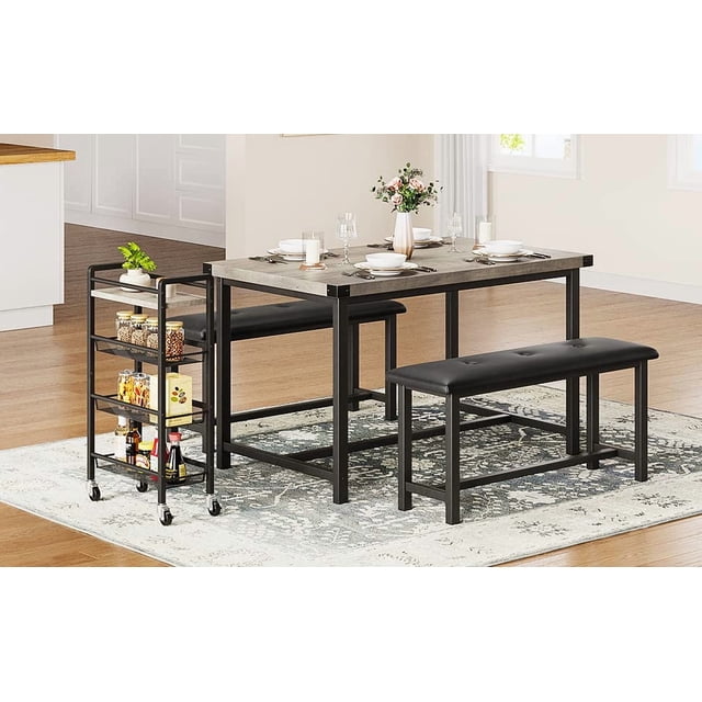 GloryStar Dining Table Set for 4, Kitchen Table with 2 Upholstered Benches, Wood Kitchen Dining Room Set, for Small Space, Apartment, Home, Dinner