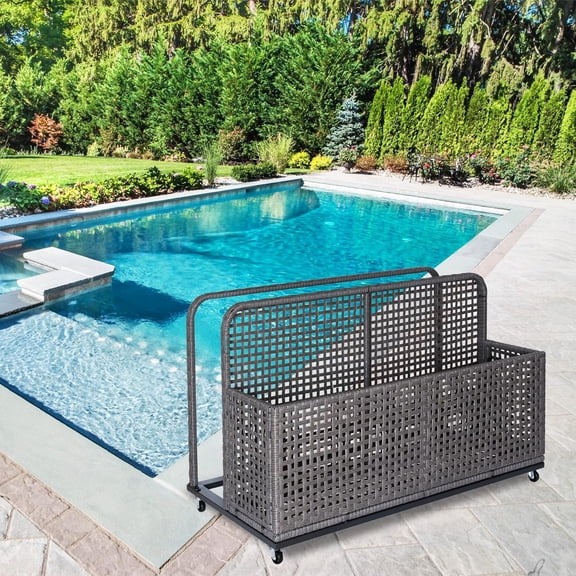 Ourlova EastVita Poolside Float Storage Outdoor Storage Patio Poolside Float Storage Basket Storage Box PE Rattan Outdoor Pool Caddy with Rolling Wheels