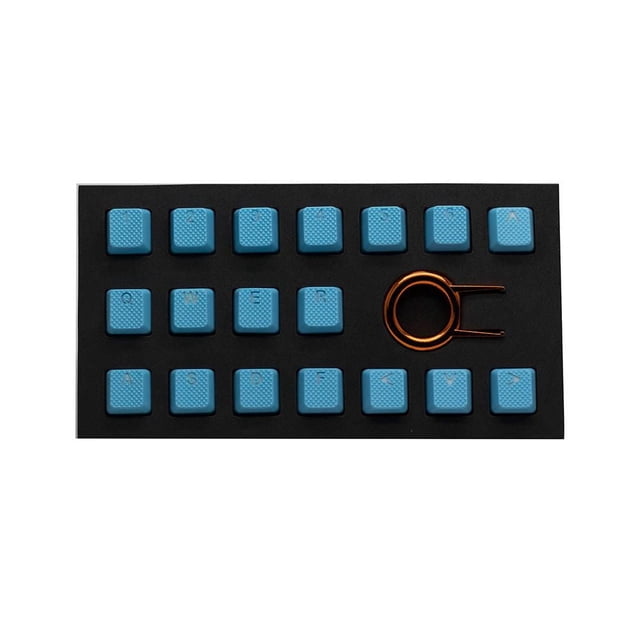 Tai-Hao Rubber Keycap Set 18 Pieces Neon Blue featuring diamond-textured rubberized keycaps with double-shot legends for backlight visibility, arranged on black foam with a copper keycap puller, compatible with Cherry MX and mechanical keyboards, suitable for enhanced grip and comfort during gaming or typing.
