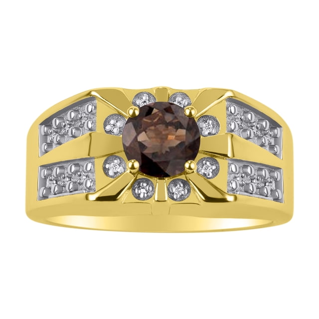 RYLOS Men's Rings Yellow Gold Plated Silver Designer Starburst 7MM Round Gemstone & Diamond Ring Smoky Quartz June Size 11