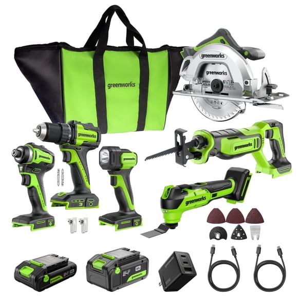 Greenworks 6pcs 6.5" Circular saw+400in-lbs drill driver+flashlight + impact driver+multi tool+recip saw Combo kit