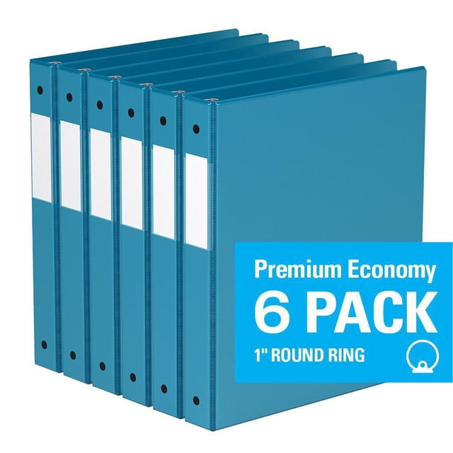 Davis Group Premium Economy Round Ring Binder 6 Pack, 1 inch, featuring blue polypropylene covers with clear interior front and back pockets and full-width label holders on the spine, suitable for office supplies and document organization.