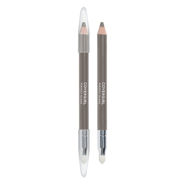 COVERGIRL Perfect Blend Eye Pencil in taupe with one pencil capped and one uncapped, featuring a smooth glide tip and plush blender tip for defined or smoky eye looks, water-resistant formula, and 100% cruelty-free certification.