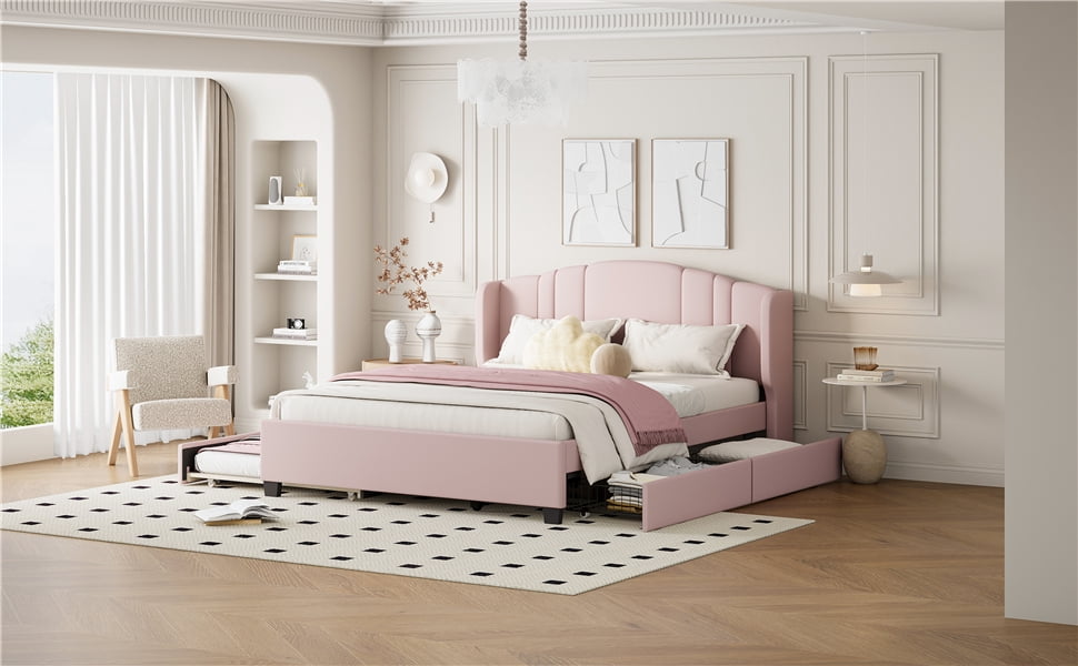 Lit plateforme capitonné Noble House avec tête de lit à oreilles, grand lit, rose