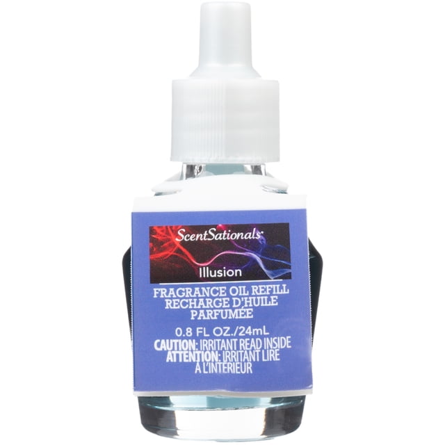 ScentSationals ScentCharm Oil - Illusion fragrance oil refill bottle with 0.8 fl oz (24 mL) capacity, white plastic cap, and blue label with caution text, designed for continuous use in ScentCharm air freshener diffusers providing weeks of fragrance.