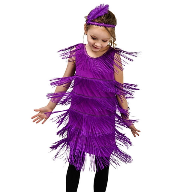 Kcodviy Robe Charleston Fille Paillettes 4T Robe de Fête Robe à Franges Robe de Danse Latine Robes de Demoiselles d'Honneur Robe Tango à Franges Robe de Bal Évasée Robe Décontractée avec Bandeau à Plumes