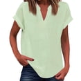 thumbnail image 1 of WEIYLL Ladies T Shirts Summer Loose Fit V Neck Curved Hem Flowy Solid Green Blouse Sizes L, 1 of 5