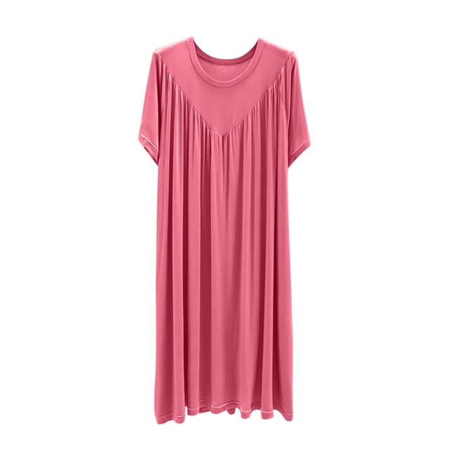 Timegard Chemises de Nuit pour Femmes Col Rond Manches Courtes Vêtements de Nuit Plissés Doux Couleur Unie Chemises de Nuit Confortables