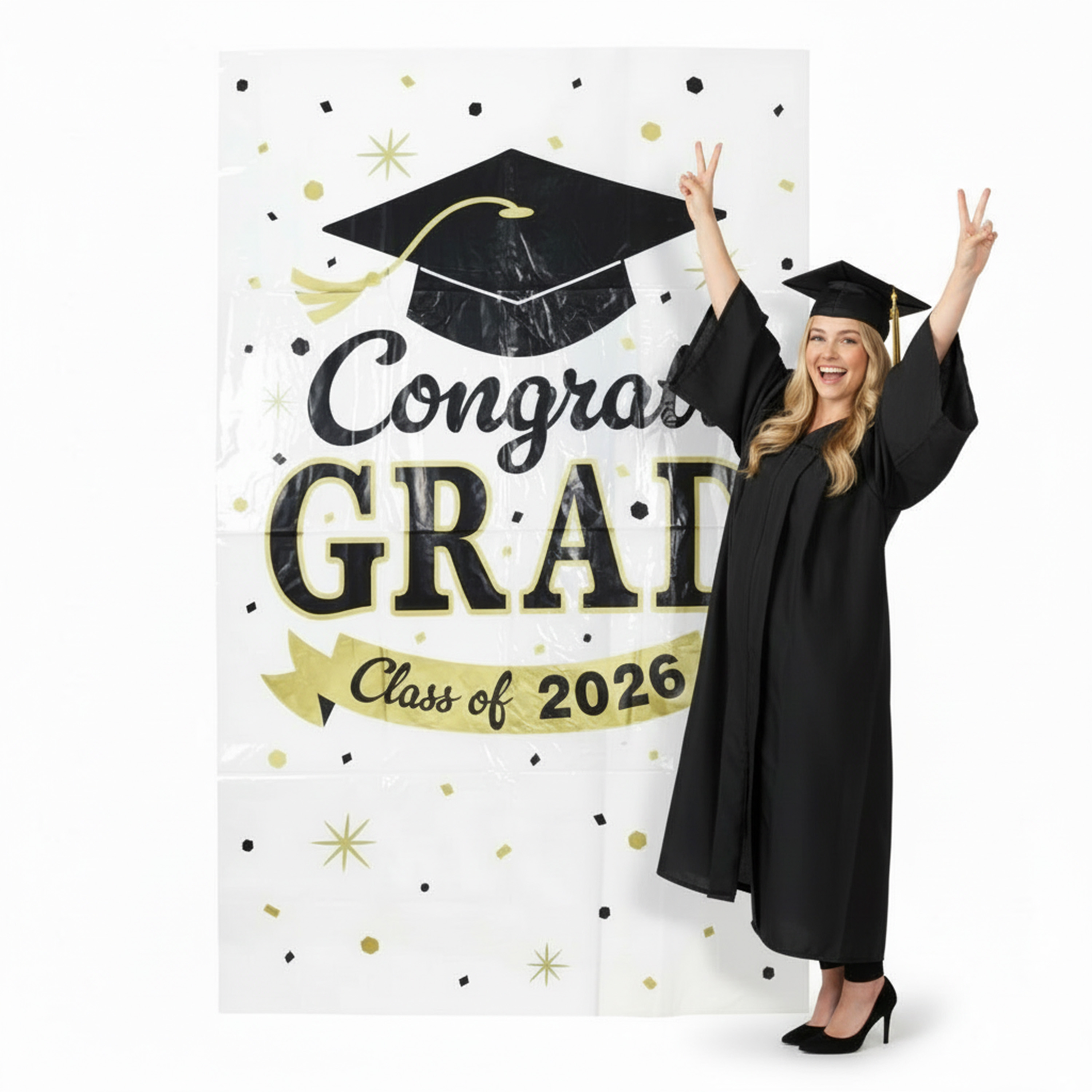 Fond de scène en plastique noir, blanc et jaune pour remise de diplômes (1 unité), 112 cm x 183 cm, adulte, décoration, célébration