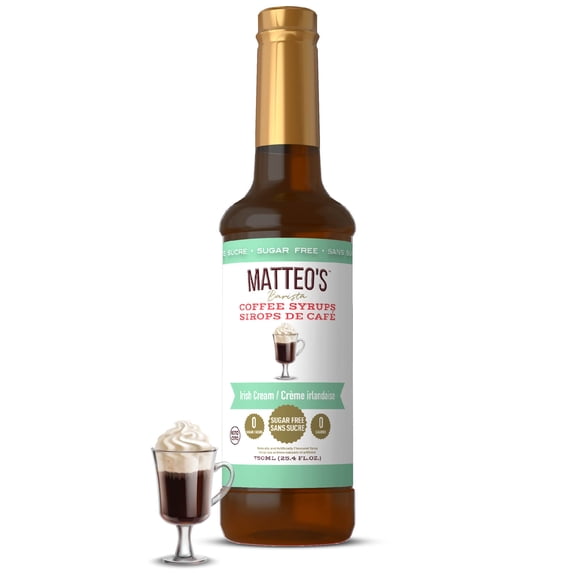 Matteo's Sugar Free Coffee Syrup, Irish cream , 750mL, 0 Calories, 0 Sugar, (Single Bottle)