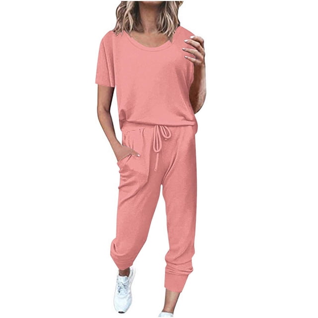 Timegard 2 Piece Sets for Women Summer Short Sleeve Tops and Drawstring Pants with Pockets Comfy Casual Sets