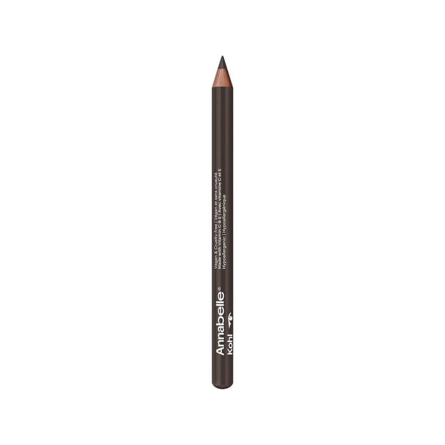 Annabelle Kohl Matte Eyeliner 77 Wood Charcoal pencil eyeliner with a matte charcoal finish, sharpened tip, and white branding text on the dark barrel, vegan and cruelty-free formula suitable for sensitive eyes, ideal for precise eye makeup application.