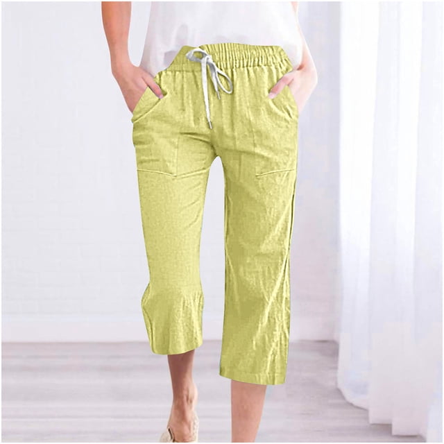 LSLJS Women's Fragrant Hemp Solid Color Loose Women Fashion Drawstring Pants Seven Pants Pockets Womens Work Pants