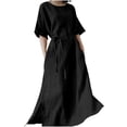 thumbnail image 1 of QIPOPIQ Robes pour Femmes avec Poches Manches Courtes Robes Décontractées Col Rond Robe d'Été Unie Manches Mi-Longues Robe Fendue avec Ceinture Offres 2023, 1 of 6