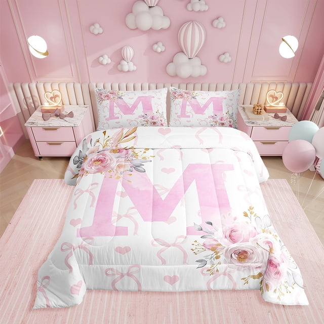 Erosebridal Ensemble de Literie Monogrammée pour Filles, Couette Simple, Couette en Duvet Rose, Décor Lettre Initiale m, Réversible 2 Pcs