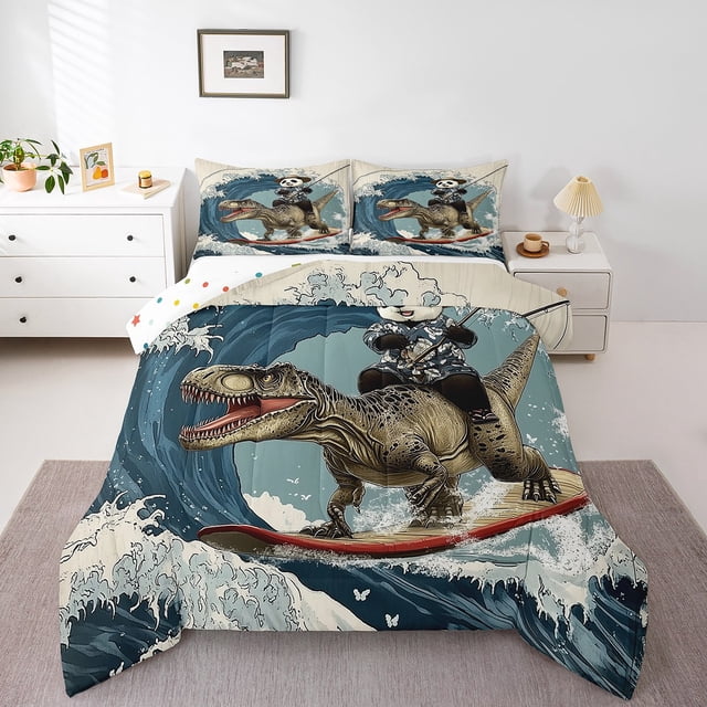 Erosebridal Panda Riding Dinosaur Bedding Sets Full with Comforter,Japanese style Duvet Insert,Ocean Bedroom Decor,Reversible,3pcs