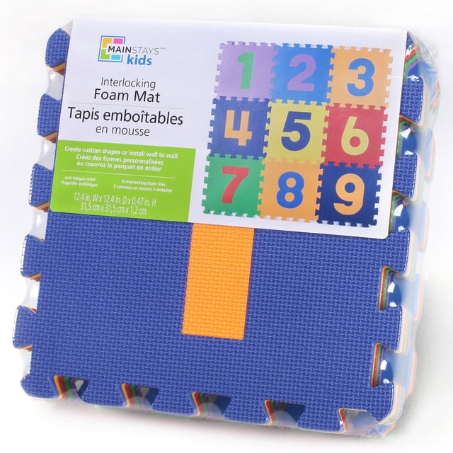 Mainstays Ensemble de Tapis en Mousse Emboîtables pour Enfants avec Neuf Carreaux Chiffres Colorés Mesurant 12,4 par 12,4 Pouces Chacun, Fabriqué en Mousse Légère et Résistante à l'Eau Offrant un Soulagement de la Fatigue et une absorption des Chocs, Convient pour Créer des Aménagements de Plancher sur Mesure pour Salle de Jeux Ou Garderie.