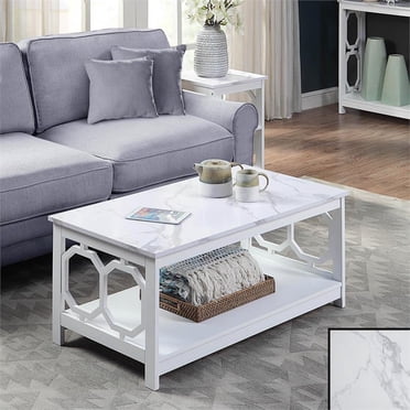 Table Basse Omega avec Tablette avec Faux Marbre Blanc et Fini Bois Blanc