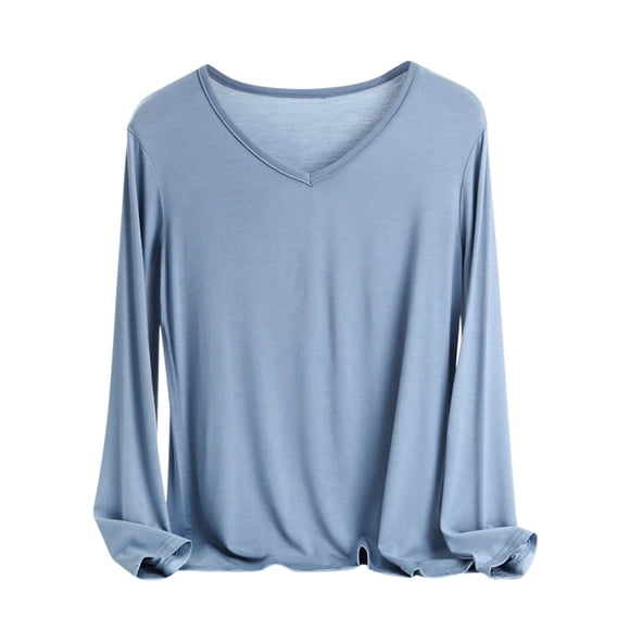 yoeyez Womens Plus Size T Shirts V Neck Long Sleeve Tshirt Solid Color Basic Tee Casual Loose Fashion Tops Spring Underscrubs Light Blue M