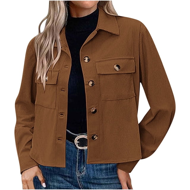 Timegard Button down Shirts for Women Cropped Long Sleeve Jackets Fall Solid Color Casual Loose Tops
