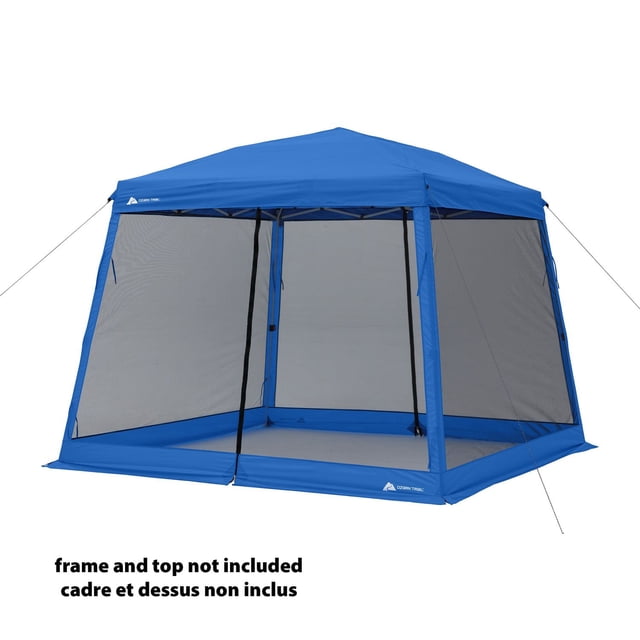 Ozark Trail Slant Leg Canopy Mesh Curtain Accessory in blue, a 10' x 10' mesh enclosure with zippered doors and fabric apron to keep bugs out, designed for easy setup with slant leg canopy frames, includes a carry bag; frame and top not included, suitable for backyard parties and camping.
