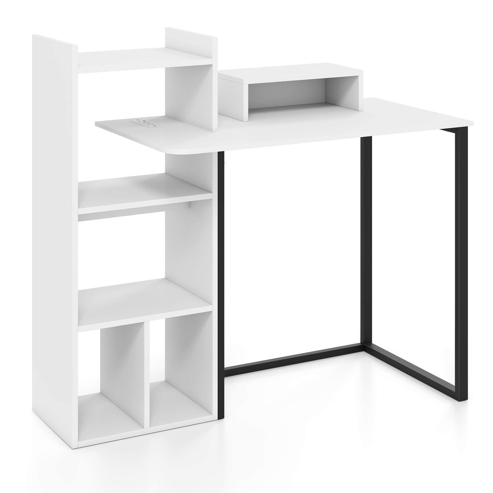 Costway Computer Desk with Charging Station 43.5" Study Desk with Ergonomic Monitor Stand White & Black