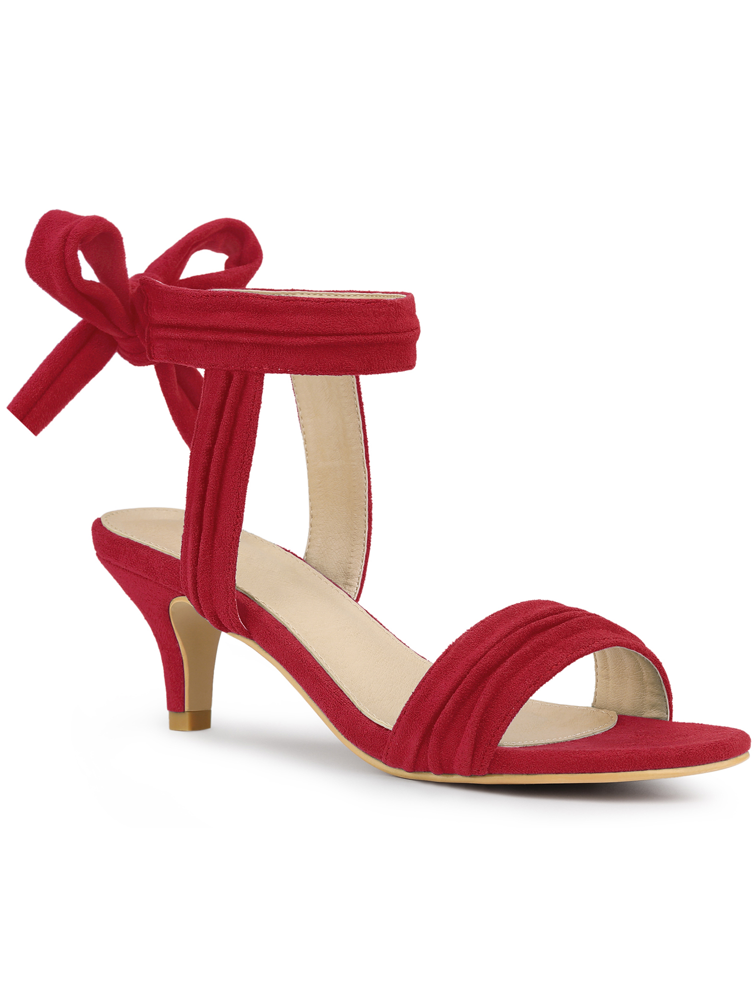 BLISSFUL STEP Women Open Toe Ankle Bow Tie Mid Heels Sandals Red 6.5