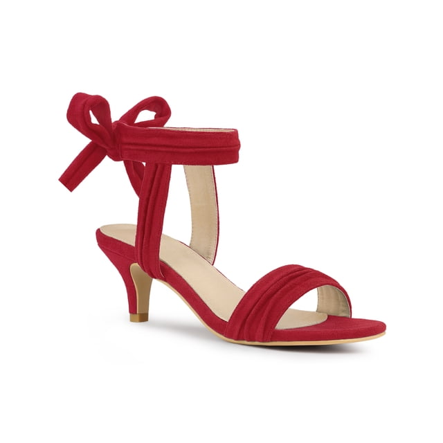 BLISSFUL STEP Women Open Toe Ankle Bow Tie Mid Heels Sandals Red 6.5