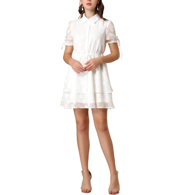INSPIRE CHIC Women's Dress Peter Pan Collar Ruffle Cuff A-Line Layered Dress XS White