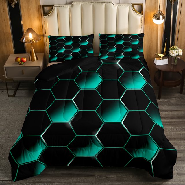 YST Full Size Bedding Set Geometry Honeycomb Comforter Beehive Geometric Bedding Comforter Sets with Teal Neon Lights Gradient Hexagonal Duvet Insert for Boys Toddler Girls Room Decor