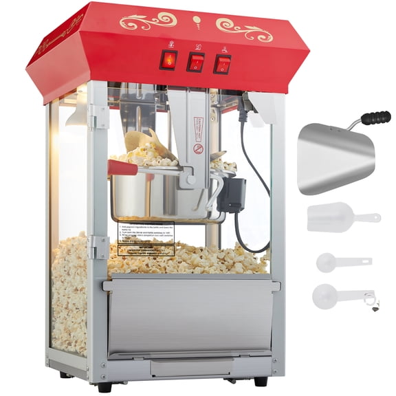 KFFKFF Créateur de Maïs Soufflé, Dispositif de Maïs Soufflé 850 W, Contenant de 8 Oz Donne 48 Portions par Cycle, Producteur de Maïs Soufflé de Table avec Verre Renforcé, Livré avec 4 Louches, Design Inspiré du Cinéma, Rubis