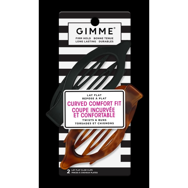 Gimme Pinces à Griffes à Plat, Noir et Écaille, Lot de 2, Conçues avec une Forme Courbée à Plat pour une Prise Confortable Toute la Journée. Ces Accessoires pour Cheveux Offrent un Ressort Solide et une Finition Lisse pour Fixer Torsades et Chignons Sans Tirer, Montré sur l'Emballage à Rayures.
