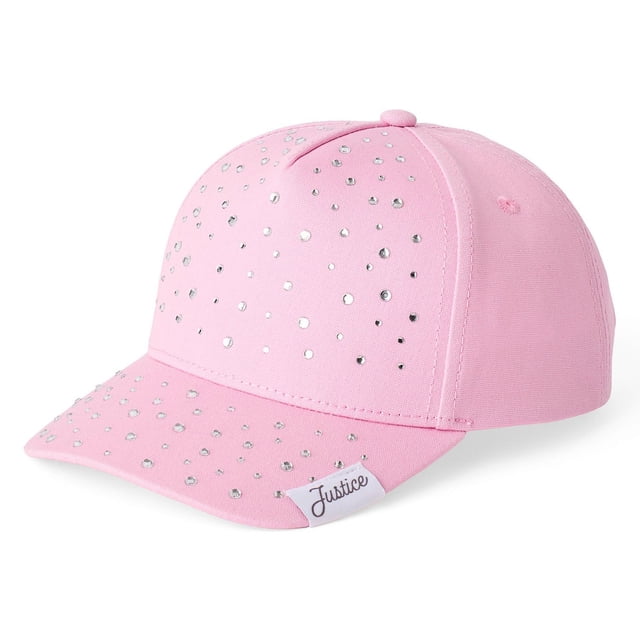 Justice Casquette à Strass pour Filles en Sergé de Coton 100 % Rose avec Visière Courbée et design à 5 Panneaux, Présentant des Ornements en Strass Argentés à l'Avant et au Bord, un Écusson Justice Tissé, un Bouton sur la Couronne, des Oeillets Brodés et une Fermeture à Sangle Ajustable à Crochet et Boucle, Convient aux Tenues Décontractées et aux Activités de Plein Air.