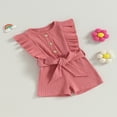 thumbnail image 3 of Toddler Baby Girl Clothes Rompers Ribbed Ruffle Sleeveless Button Belted Romper Short Jumpsuit Summer Outfit Brick Red 12-18 Months, 3 of 7