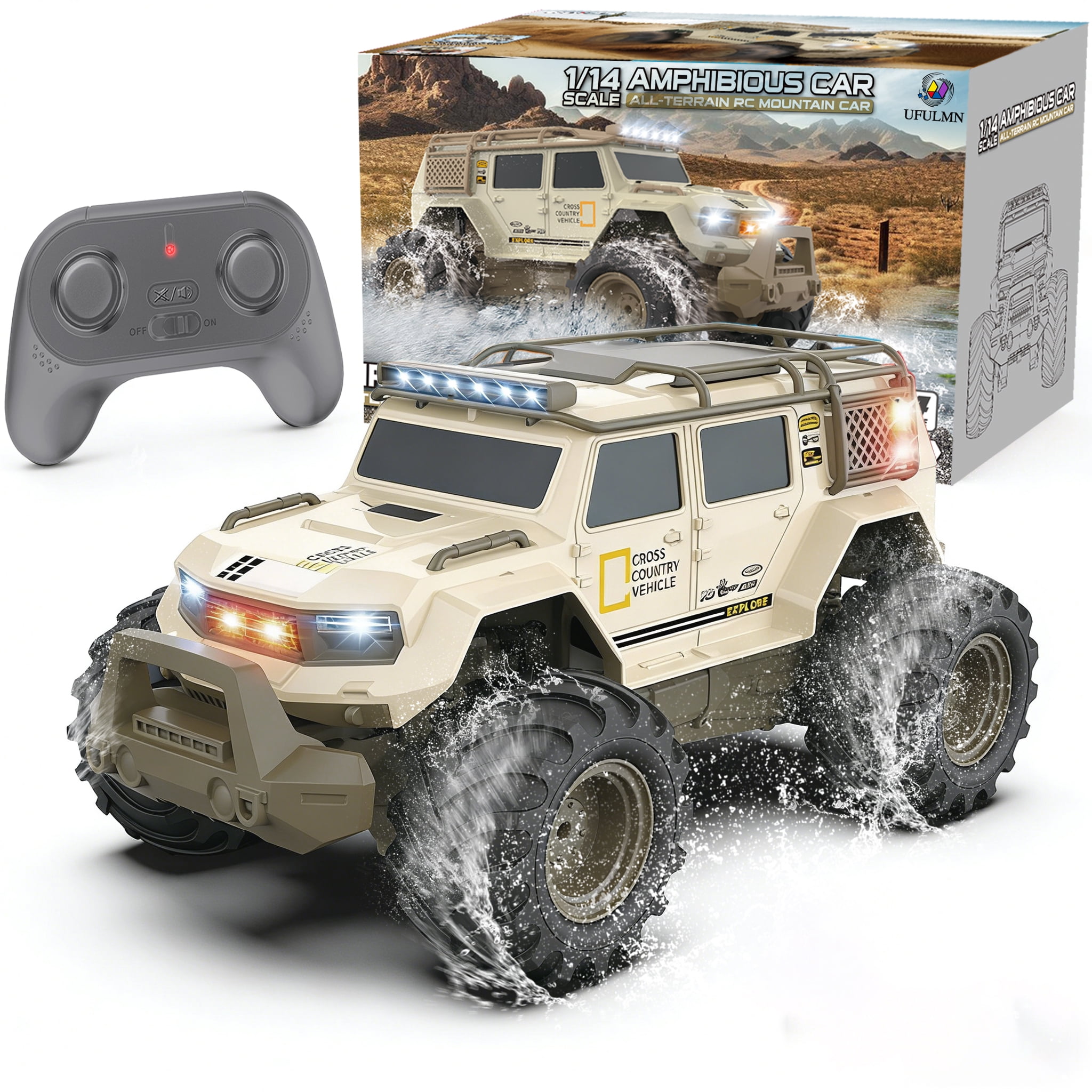 Amphibious Remote Control Car 1:14 with 2  Rechargeable Batteries, 4WD Electric Vehicle for Boys Age 8-12, Offroad Waterproof RC Truck, 2.4GHz All Terrain RC Drift Cars Beach Pool Toys Gifts for Kids
