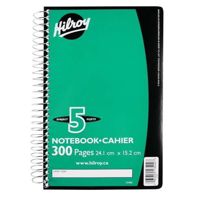 Hilroy 5-Subject 300pg Notebook with green and black cover and silver coil binding, featuring 300 wide-ruled pages sized 24.1 cm by 15.2 cm, coloured thumb index for easy subject access, and a name label on the front, suitable for school, home, and office organization.