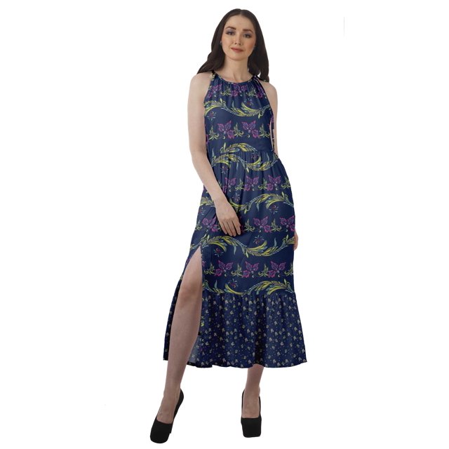 Moomaya Robe Maxi Sans Manches à Col Licou Imprimée avec Fente avant Robe d'Été pour Femme
