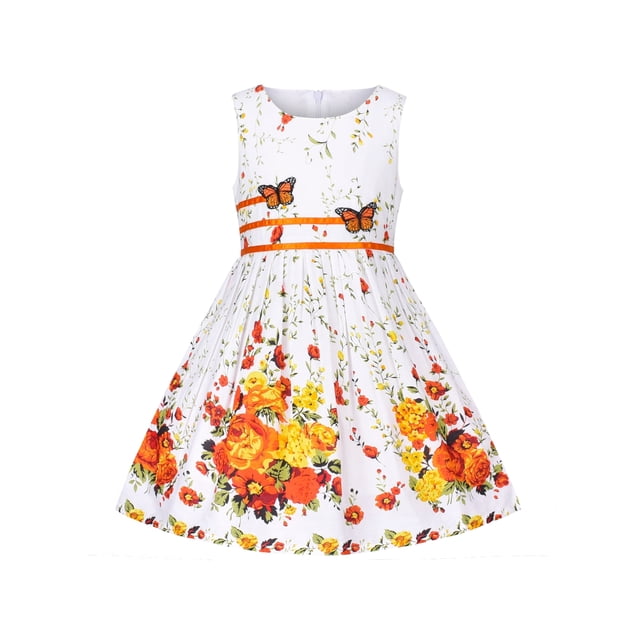 Robe Fille Broderie Florale Nœud Papillon Sans Manches Orange 6 Ans