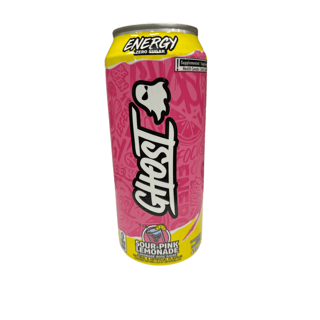Ghost Energy Sour Pink Lemonade energy drink can with pink and yellow design, white Ghost logo, zero sugar, 180mg caffeine per 473mL, natural and artificial flavours, crafted for energy and focus, suitable as a refreshing zero sugar beverage alternative.