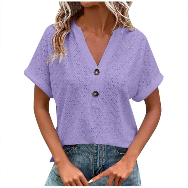 Dealovy Womesn Tops Summer Casual V Neck Buttons T-Shirts Short Sleeve Solid Color Loose Fitted Tees