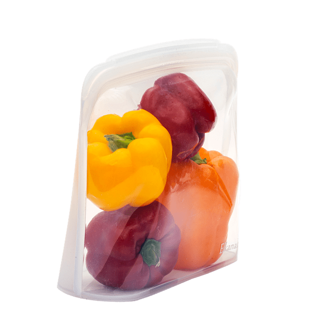 Elkanah TG Sac Alimentaire en silicone Réutilisable de 3300 ml en position Debout, Rempli de Poivrons Frais en Rouge, Jaune et orange. Fait de silicone Platine à 100 %, Ce Contenant de Rangement Alimentaire Transparent Est Sans BPA, Hermétique et Étanche. Idéal pour les Sacs de Congélation, la Préparation des Repas et l'Organisation de la Cuisine, et Convient pour le Micro-Ondes, le Four et le Lave-Vaisselle.