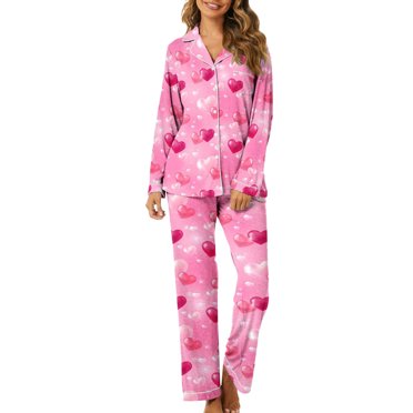 GPOECD Women's Valentine's Day Women's Sleepwear Heart Print Button Long Sleeve Pajama Set Comfortable Home Wear 09_Red,M