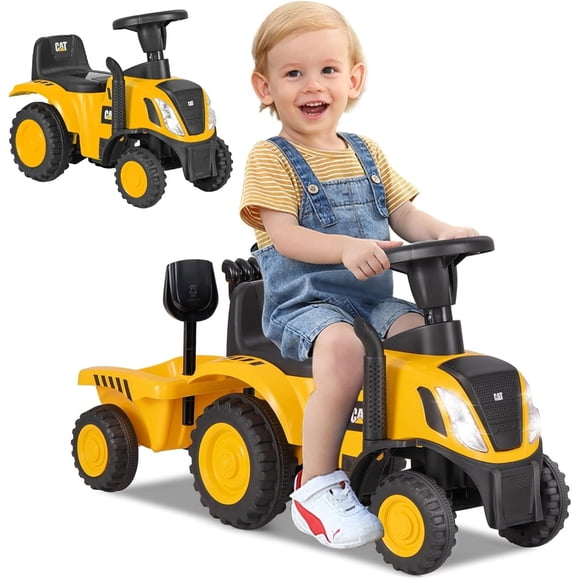 Licensed Caterpillar Ride on Tractor by OLAKIDS, 2 in 1 Ride on Push Car with Detachable Trailer, Headlight, Horn, Rake, Shovel, Foot to Floor Walker Toy Sliding Truck Gift for Kids Toddler