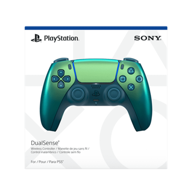 DualSense™ Wireless Controller – Chroma Teal shown front-facing on its retail box with PlayStation and Sony logos, featuring an iridescent teal finish shifting from green to blue, adaptive triggers, haptic feedback, built-in microphone, USB-C charging port, and ergonomic design for PS5 gaming.