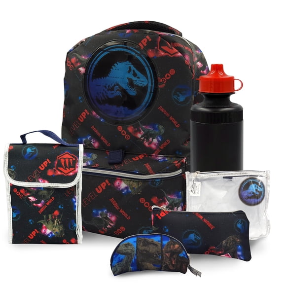 Jurassic Park Backpack 16 inch Child Backpack with Lunch Box - 6 Piece Set for Kids